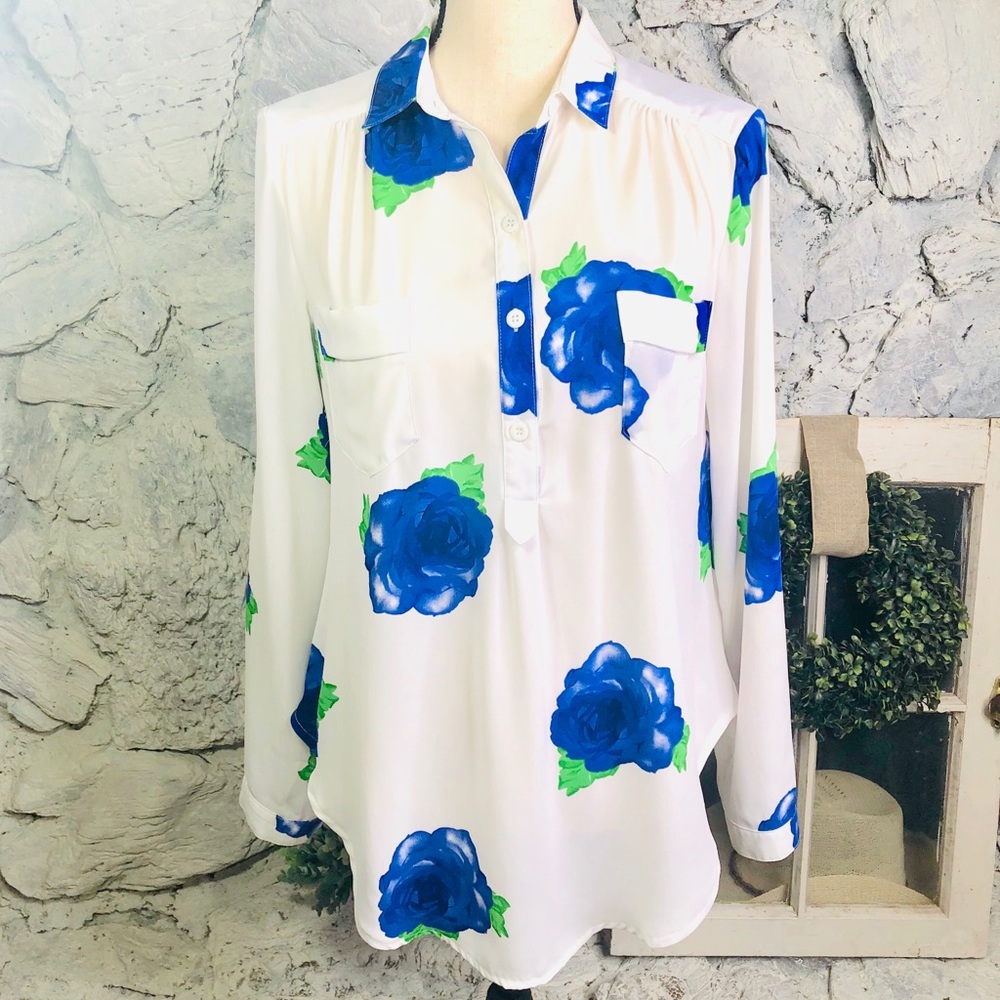 Boutique Button White Blue Rose Sheer Blouse M